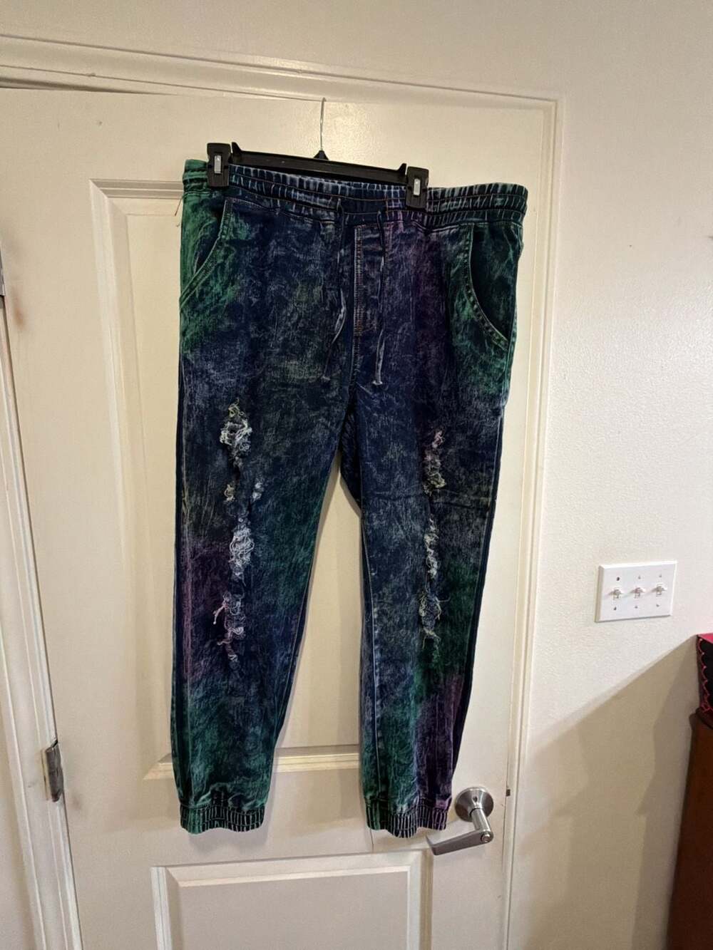 Thrill Jeans Womens 1X Acid Wash Distressed Joggers Multi Color Tie Dye Denim
